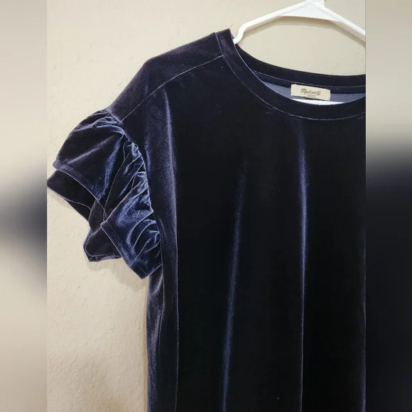 Madewell Velvet Ruffle Sleeve Top Size Small Blue - Picture 3 of 6